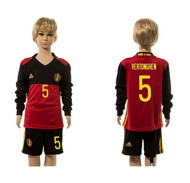 Belgium #5 Vertonghen Red Home Long Sleeves Kid Soccer Country Jersey