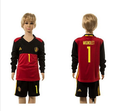Belgium #1 Mignolet Red Home Long Sleeves Kid Soccer Country Jersey
