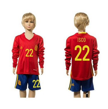 Spain #22 Isco Red Home Long Sleeves Kid Soccer Country Jersey