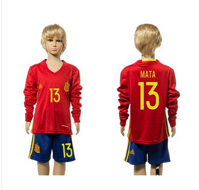 Spain #13 Mata Red Home Long Sleeves Kid Soccer Country Jersey