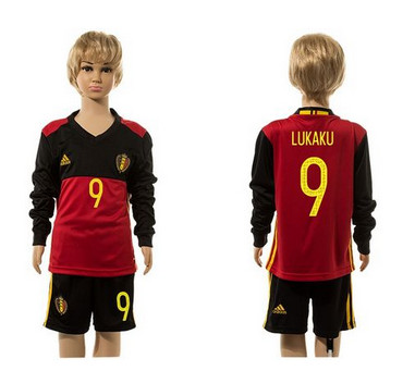 Belgium #9 Lukaku Red Home Long Sleeves Kid Soccer Country Jersey