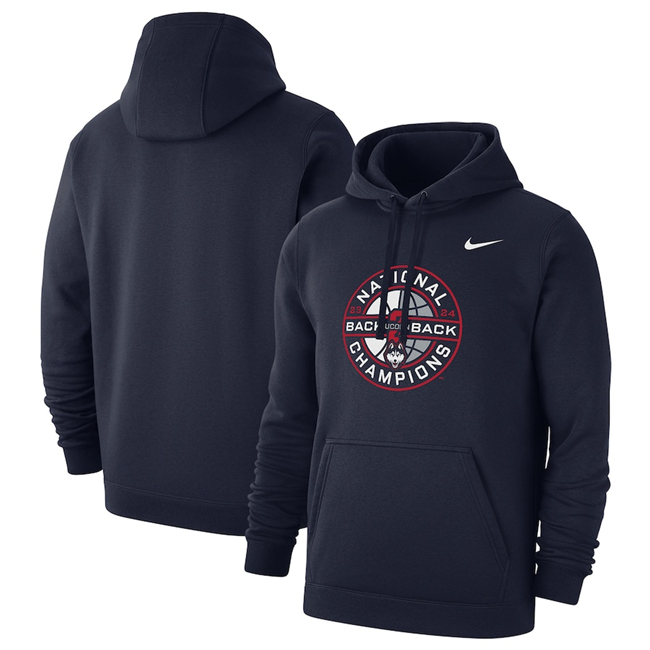 Men's UConn Huskies Navy 2024 Back-To-Back Basketball National Champions Club Fleece Pullover Hoodie