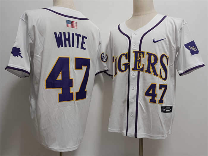 Men's LSU Tigers #47 Tommy White White Stitched jerseys