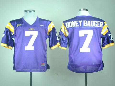 NEW LSU Tigers Honey Badger 7 Tryann Mathieu Nick Name Purple College Football Jerseys