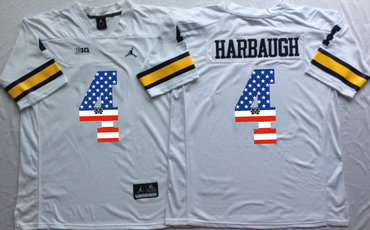 Michigan Wolverines 4 Jim Harbaugh White USA Flag College Jersey