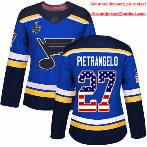 Blues #27 Alex Pietrangelo Blue Home Authentic USA Flag Stanley Cup Final Bound Women's Stitched Hockey Jersey