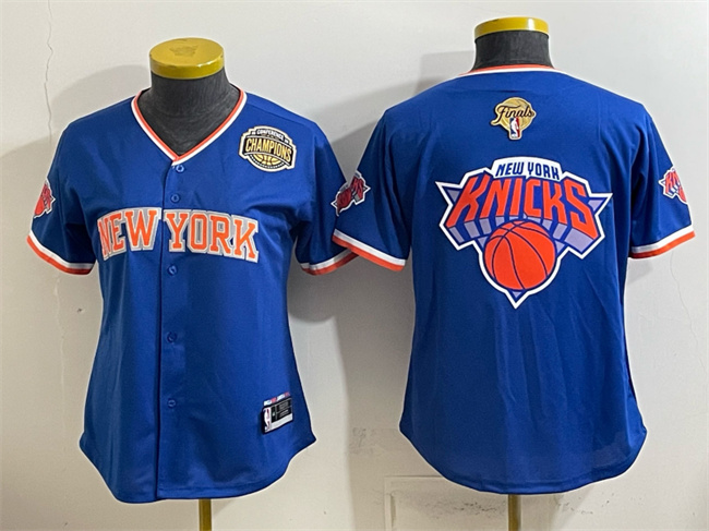 Women's New York Knicks Team Big Logo Blue 2026 Finals & Eastern Conference Champions Patch Stitched Baseball Jersey