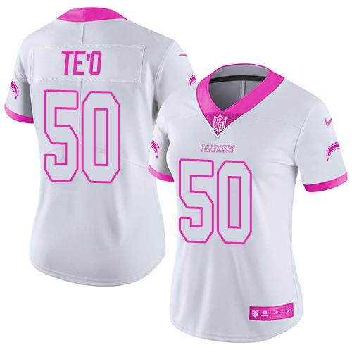 Nike Chargers #50 Manti Te'o White Pink Women's Stitched NFL Limited Rush Fashion Jersey