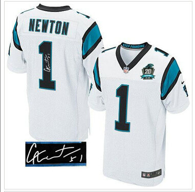 NEW Panthers #1 Cam Newton White With 20TH Season Patch Stitched Autographed Jersey