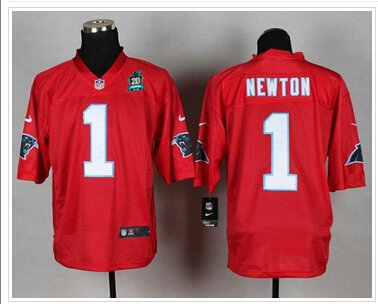NEW Panthers #1 Cam Newton Red With 20TH Season Patch Stitched QB Practice Jersey