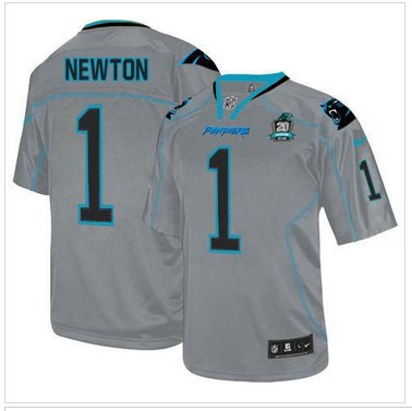 NEW Panthers #1 Cam Newton Lights Out Grey With 20TH Season Patch Stitched Jersey