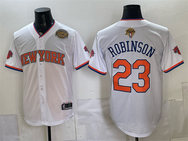 Men's New York Knicks #23 Mitchell Robinson White 2026 Finals & Eastern Conference Champions Patch Stitched Baseball Jersey