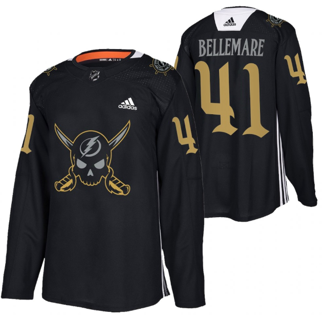 Men's Tampa Bay Lightning #41 Pierre-Edouard Bellemare Black Gasparilla Inspired Pirate-Themed Warmup Stitched Jersy