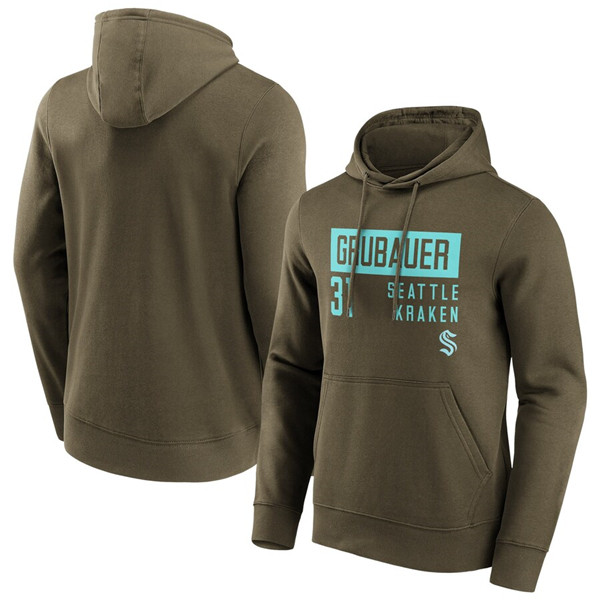 Men's Seattle Kraken #31 Philipp Grubauer Khaki Name & Number Hoodie