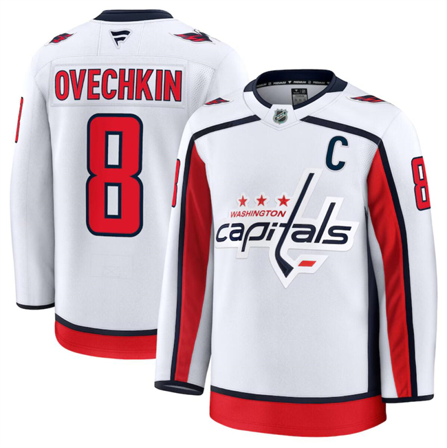 Men's Washington Capitals #8 Alexander Ovechkin White 2024-25 Away Stitched Hockey Jersey