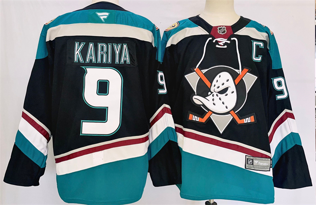 Men's Anaheim Ducks #9 Paul Kariya Black Teal 2024-25 Stitched Jersey