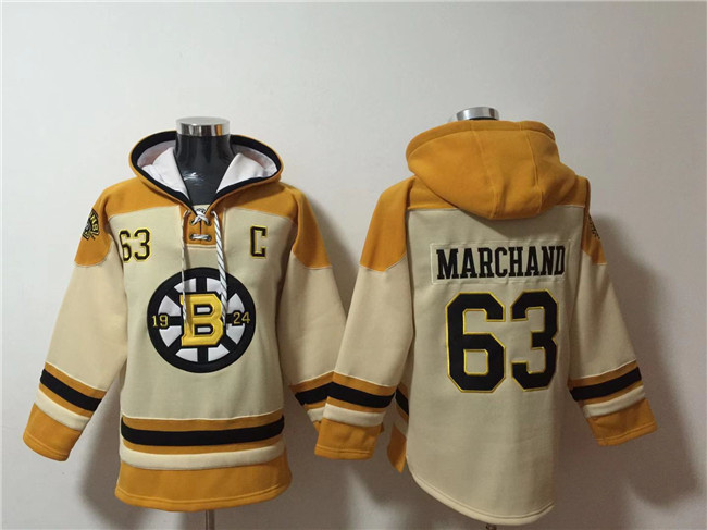 Men's Boston Bruins #63 Brad Marchand Cream Ageless Must-Have Lace-Up Pullover Hoodie