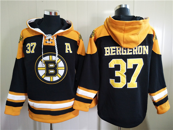 Men's Boston Bruins #37 Patrice Bergeron Black Ageless Must-Have Lace-Up Pullover Hoodie