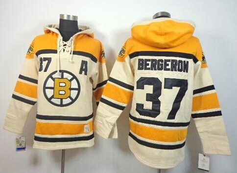 Boston Bruins #37 Patrice Bergeron Cream Sawyer Hooded Sweatshirt Stitched NHL Jersey