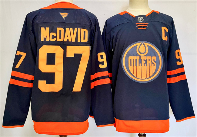 Men's Edmonton Oilers #97 Connor McDavid Navy 2024-25 C Patch Stitched Jersey