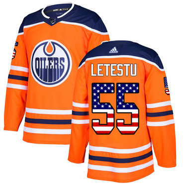 Adidas Oilers #55 Mark Letestu Orange Home Authentic USA Flag Stitched NHL Jersey