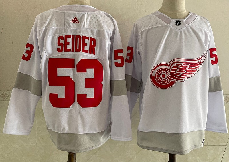 Red Wings 53 Moritz Seider White 2020-21 Reverse Retro Adidas Jersey