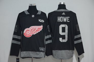 Red Wings 9 Gordie Howe Black 1917-2017 100th Anniversary Adidas Jersey