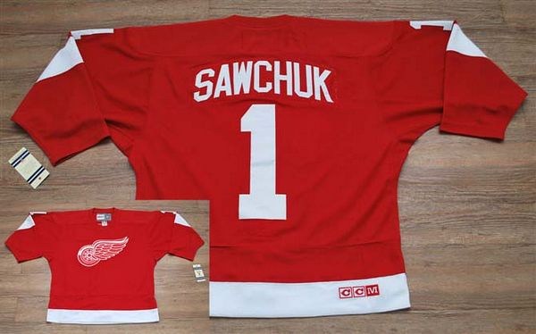 red wings #1 terry sawchuk embroidered red ccm throwback