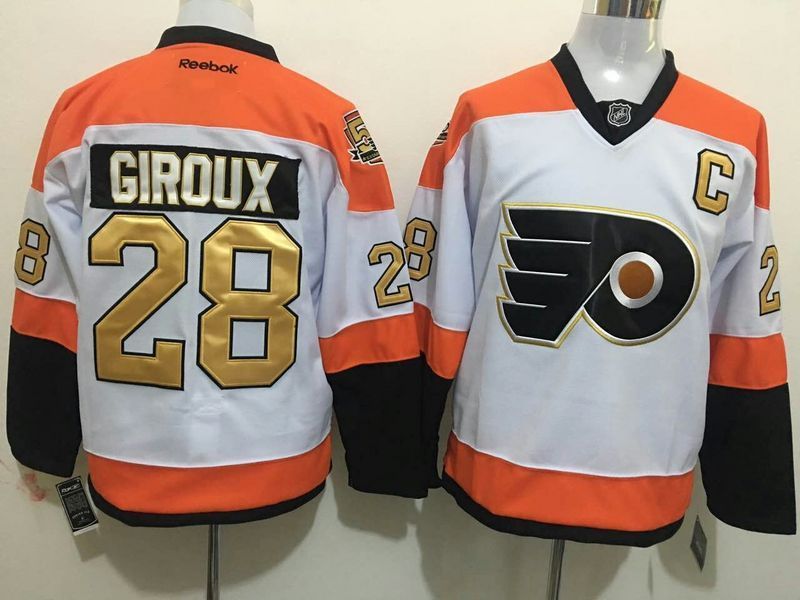 Flyers 28 Claude Giroux White With 50th Anniversary Patch Reebok Jersey