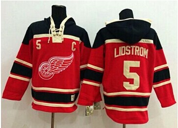 Detroit Red Wings #5 Nicklas Lidstrom Red Sawyer Hooded Sweatshirt Stitched NHL Jersey