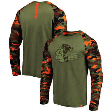 Chicago Blackhawks Fanatics Branded Olive Camo Recon Long Sleeve Raglan T-Shirt