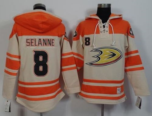 Anaheim Ducks #8 Teemu Selanne Cream Orange Sawyer Hooded Sweatshirt Stitched NHL Jersey