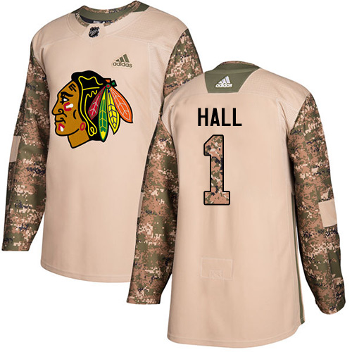 Adidas Blackhawks #1 Glenn Hall Camo Authentic 2017 Veterans Day Stitched NHL Jersey