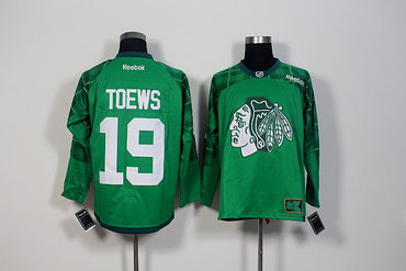 Men's Chicago Blackhawks #19 Jonathan Toews Green Stitched St. Patrick's Day Replica NHL Jersey