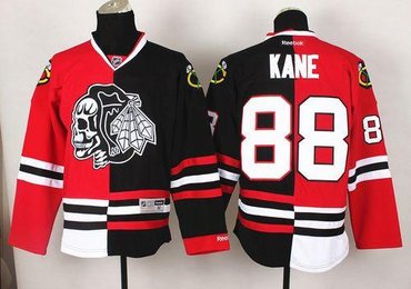 Chicago Blackhawks #88 Patrick Kane Red-Black Split White Skull Stitched NHL Jersey