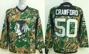 Chicago Blackhawks #50 Corey Crawford Camo Veterans Day Practice Stitched Youth NHL Jersey