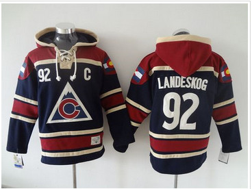 Colorado Avalanche #92 Gabriel Landeskog Navy Blue Sawyer Hooded Sweatshirt Stitched NHL Jersey