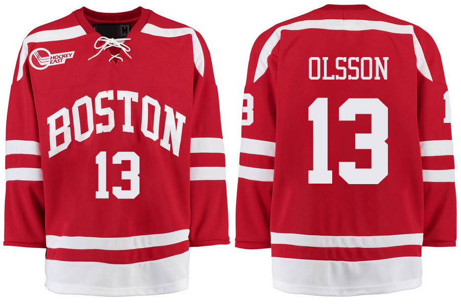 Boston University Terriers BU 13 Nikolas Olsson Red Stitched Hockey Jersey