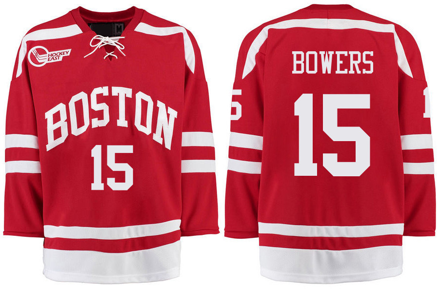 Boston University Terriers BU 15 Shane Bowers Red Stitched Hockey Jersey