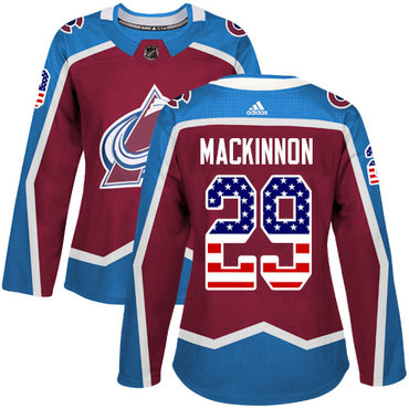 Adidas Avalanche #29 Nathan MacKinnon Burgundy Home Authentic USA Flag Women's Stitched NHL Jersey