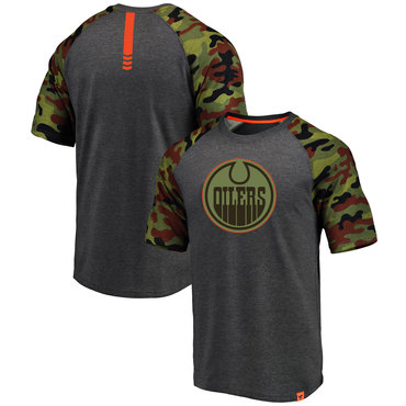 Edmonton Oilers Fanatics Branded Heathered Gray Camo Recon Camo Raglan T-Shirt