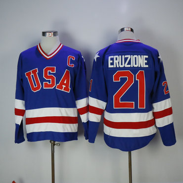 Men's 1980 Olympics USA #21 Mike Eruzione Royal Blue Throwback Stitched Vintage Ice Hockey Jersey