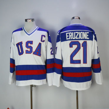 Men's 1980 Olympics USA #21 Mike Eruzione White Throwback Stitched Vintage Ice Hockey Jersey