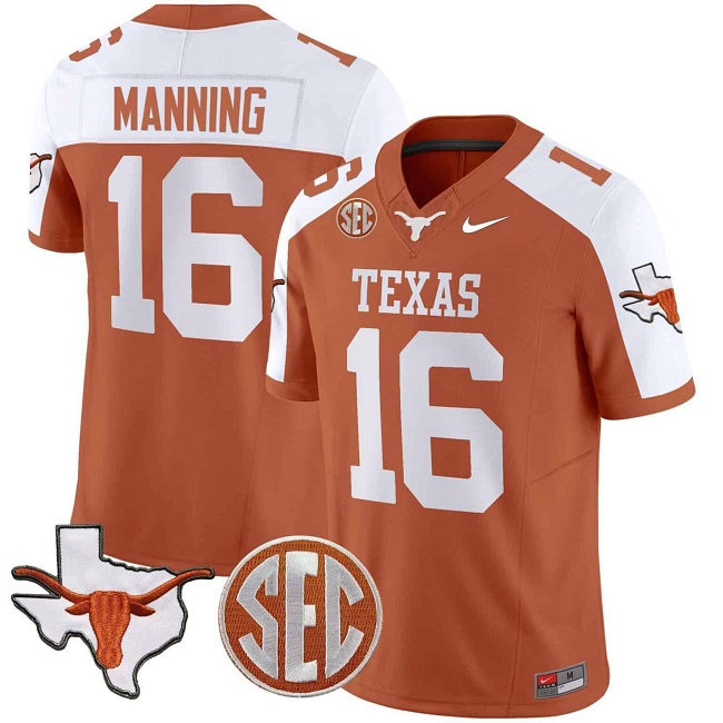 Men's Texas Longhorns #16 Peyton Manning Orange White Map & SEC Patch F.U.S.E Stitched Jersey