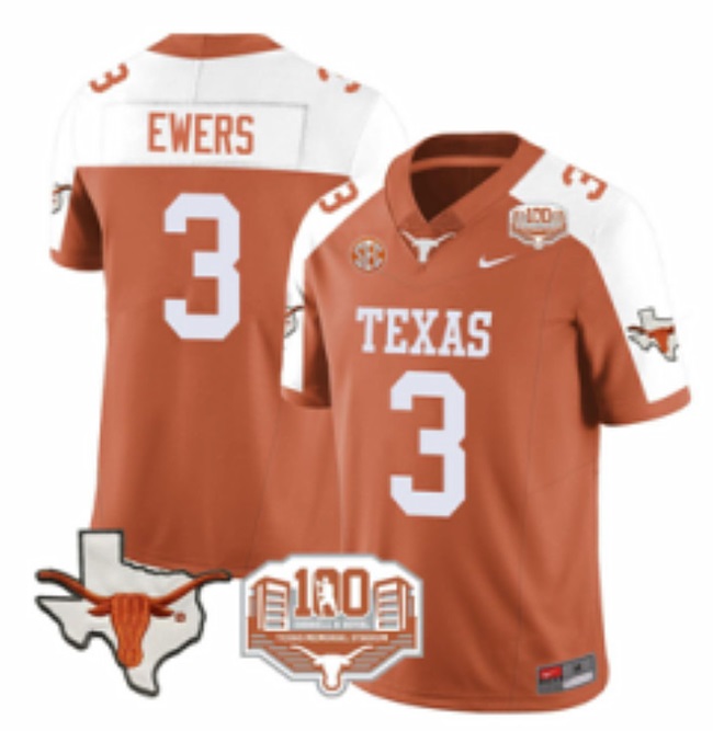 Men's Texas Longhorns #3 Quinn Ewers Orange White F.U.S.E 100 Years Of Darrell K Royal Map & SEC Patch Stitched Jersey