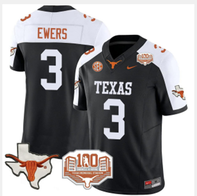 Men's Texas Longhorns #3 Quinn Ewers Black White F.U.S.E 100 Years Of Darrell K Royal Map & SEC Patch Stitched Jersey