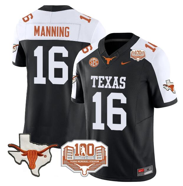 Men's Texas Longhorns #16 Peyton Manning Black White F.U.S.E 100 Years Of Darrell K Royal Map & SEC Patch Stitched Jersey