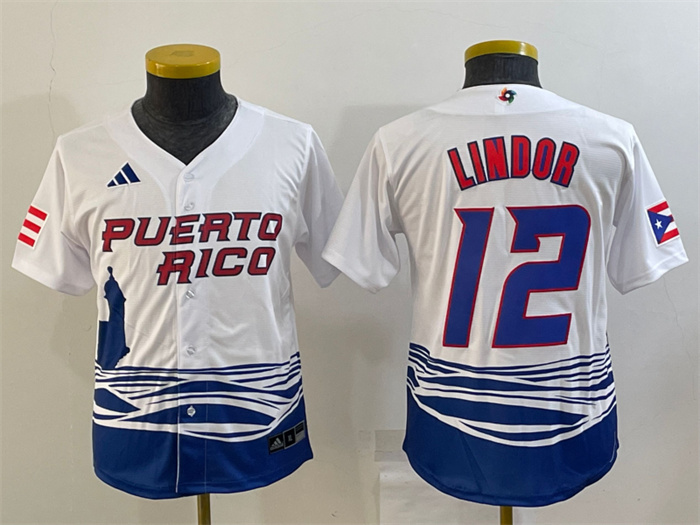 Youth Puerto Rico Baseball #12 Francisco Lindor 2023 White World Baseball Classic Replica Stitched Jersey(Run Small)