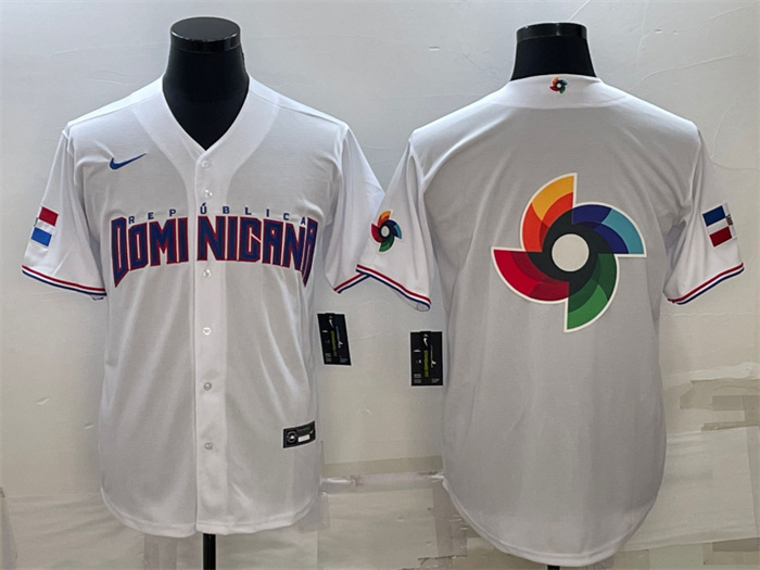 Men's Dominican Republic Baseball 2023 White World Baseball Big Logo With Patch Classic Replica Stitched Jerseys