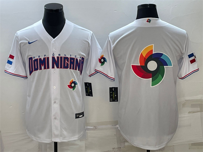 Men's Dominican Republic Baseball 2023 White World Baseball Big Logo With Patch Classic Replica Stitched Jersey